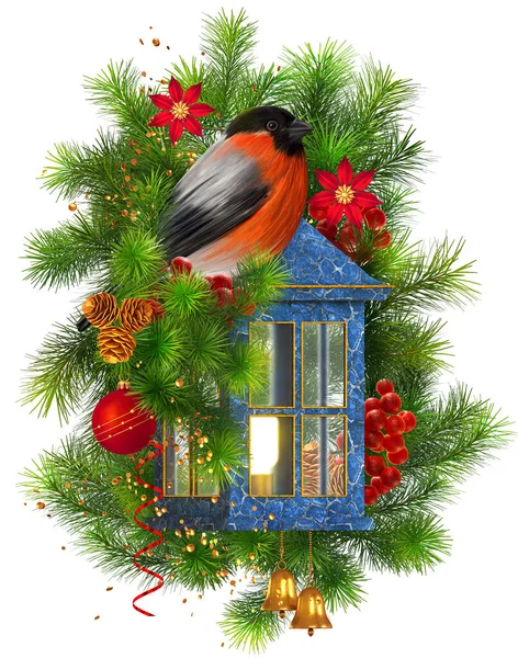 クリスマス 新年の休日の背景 明るい鳥のブルフィンチはモミの枝に座って 装飾的なランタン モミの枝 松の木 赤い果実 黄金の装飾 孤立した 3Dレンダリングの近くの松の木 — ストック写真