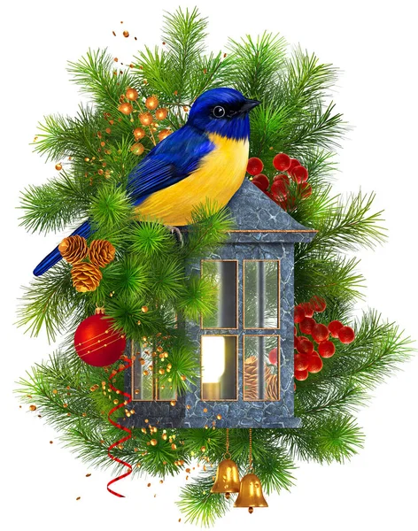 クリスマス 新年の休日の背景 明るい鳥はモミの枝に座って 装飾的な提灯 モミの枝 松の木 赤い果実 黄金の装飾 孤立した 3Dレンダリングの近くの松の木 — ストック写真