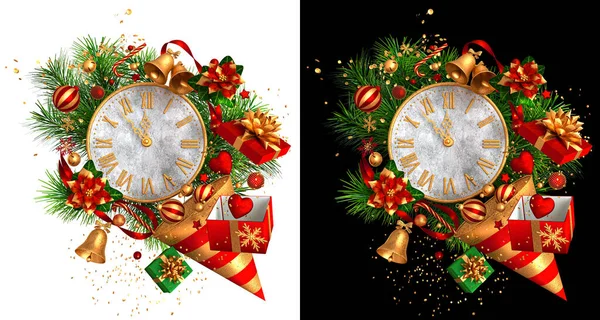 クリスマス 新年の休日の背景は 黄金のリボンと弓 モミの枝 松の木 おもちゃ ティンセル 3Dレンダリングで飾られた時計 浮動オープンボックスの贈り物を飛んで 孤立した — ストック写真