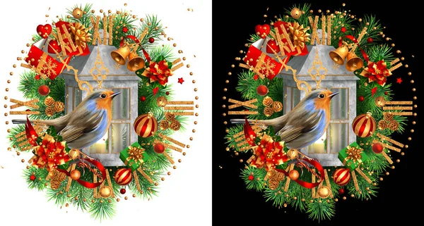 Weihnachten Neujahr Hintergrund Heller Vogel Gimpel Sitzt Auf Einem Tannenzweig — Stockfoto