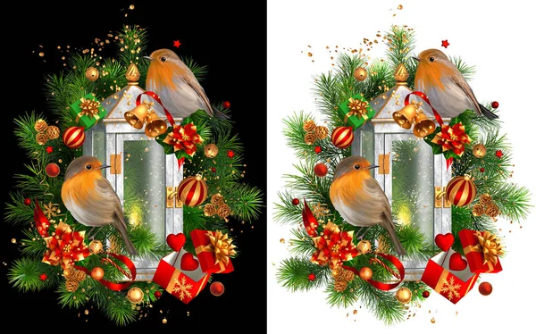 新年的背景 明亮的鸟雀栖息在枞树枝上 松树紧靠着装饰灯笼 松树枝条 金色装饰 与世隔绝 3D渲染 — 图库照片