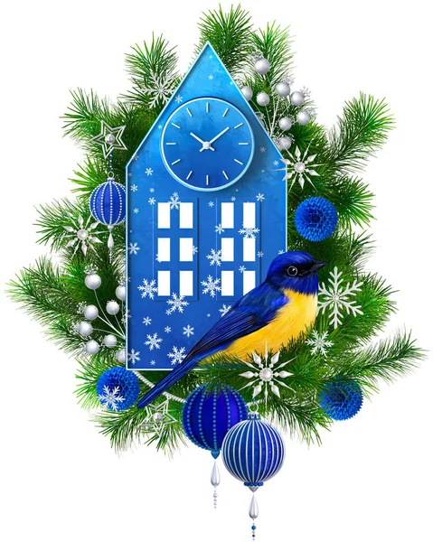 クリスマス 新年の休日の背景 青い黄色の鳥は装飾的な家 モミの枝 松の木 ボール ガーランド 3Dレンダリングの近くに座っています — ストック写真