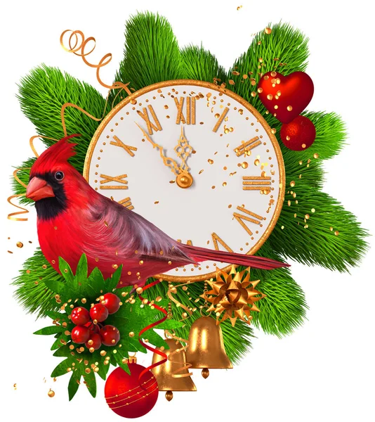 新年背景 红衣雀坐在钟边 冷杉枝条 装饰品 金银花 孤零零的 3D渲染 — 图库照片