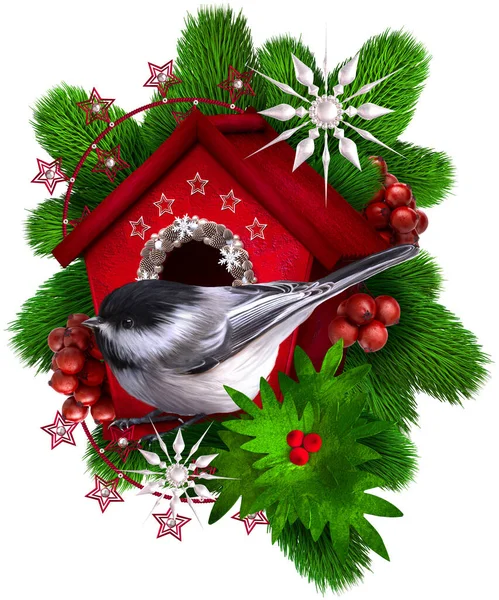 Christmas New Year Festive Background Tit Bird Sits Birdhouse Fir — Stock Photo, Image