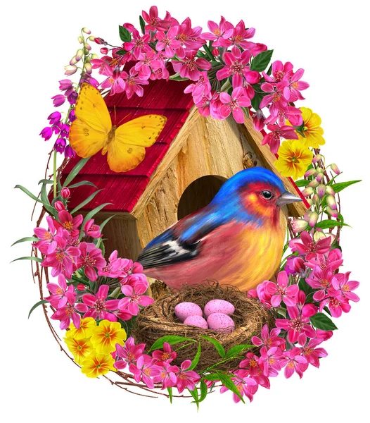Fondo Primavera Aves Brillantes Sientan Cerca Del Nido Con Huevos —  Fotos de Stock