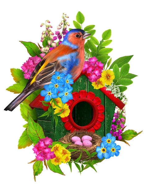 春の背景 明るい鳥は卵 木製の鳥の家 ピンクの花で咲く木 緑の葉 3Dレンダリングで巣の近くに座っている — ストック写真