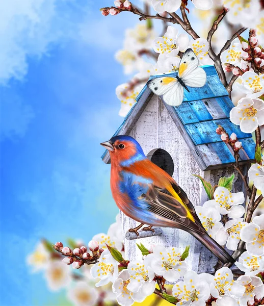 Frühling Ostern Hintergrund Ein Heller Vogel Sitzt Auf Einem Zweig — Stockfoto