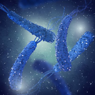 Tıbbi arka plan, kırbaç demetinin tekil düzenine sahip lophotrichous bakteri, Pseudomonas cinsinin temsilcileri, en yaygın patojen, 3D görüntüleme