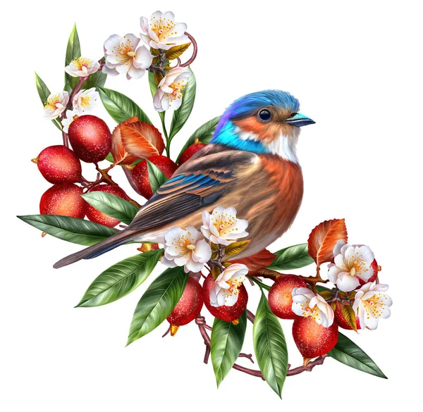 Composición Flor Pájaro Brillante Sienta Una Rama Bayas Rojas Flores — Foto de Stock