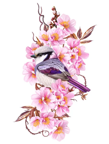 Çiçek Kompozisyonu Pembe Güller Küçük Parlak Kuş Güzel Çiçekler Klasik — Stok fotoğraf