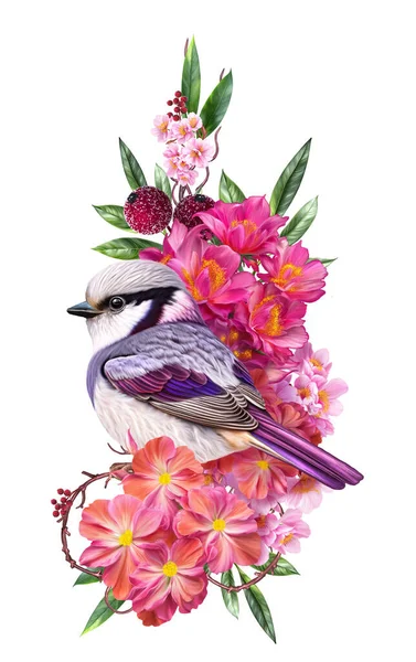 Blomma Sammansättning Rosa Rosor Liten Ljus Fågel Blomstã Llningar Vackra — Stockfoto