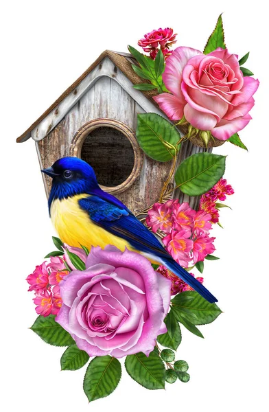 花朵的构图 一只聪明的小鸟坐在一束玫瑰花上 靠近鸟舍 春日里 与世隔绝 — 图库照片
