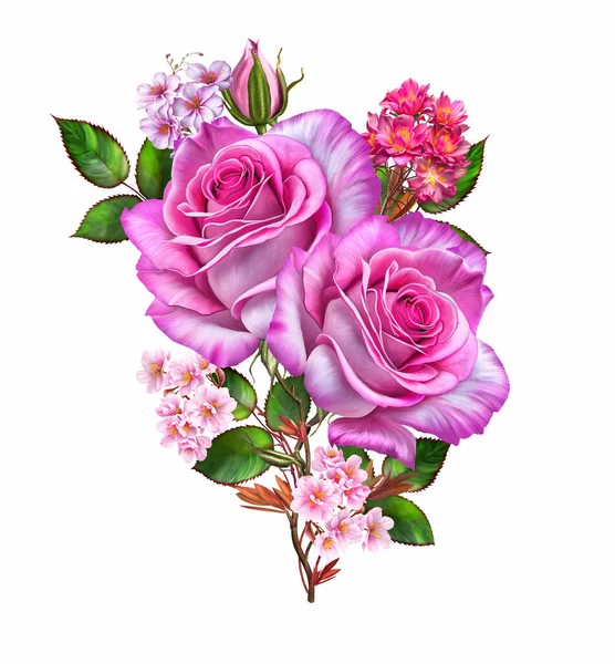 花的排列 粉红的玫瑰 美丽花朵的花序 复古风格 白色背景隔离 — 图库照片