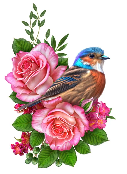 Composición Flores Rosas Rosadas Pequeño Pájaro Brillante Inflorescencias Hermosas Flores — Foto de Stock