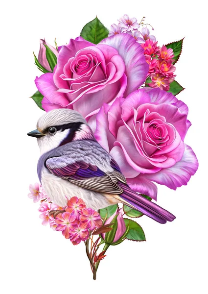 花構成 ピンクのバラ 小さな明るい鳥 美しい花の花序 ヴィンテージスタイル 白い背景に隔離された — ストック写真