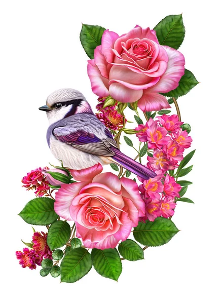 Composición Flores Rosas Rosadas Pequeño Pájaro Brillante Inflorescencias Hermosas Flores —  Fotos de Stock