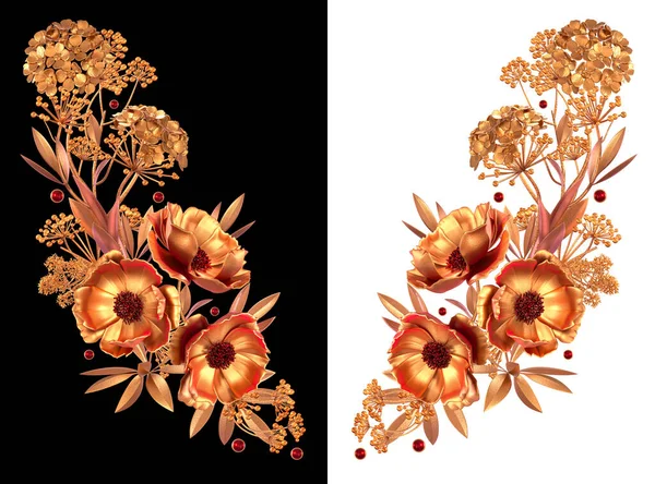 様式化された黄金の葉と花 光沢のある果実 繊細なカール 幾何学的形状 ペイズリーの要素は 白い背景に隔離されています 3Dレンダリング — ストック写真