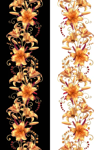Kompozycja Kwiatowa Stylizowane Złote Liście Kwiaty Lilie Błyszczące Jagody Delikatne — Zdjęcie stockowe
