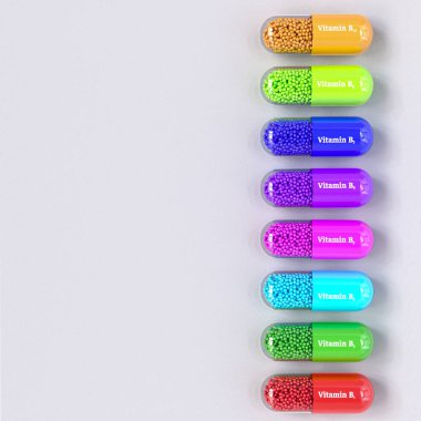 Tıbbi arka plan, B vitamini grubu, B1, B2, B3, B5, B6, B7, B9, B12, çok renkli kapsüller, 3D görüntüleme, üst görünüm