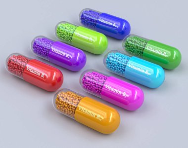 Tıbbi arka plan, B vitamini grubu, B1, B2, B3, B5, B6, B7, B9, B12, çok renkli kapsüller, 3D görüntüleme, üst görünüm