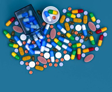 Tıbbi geçmiş, haplar, vitaminler, toptan besin takviyeleri, açık kavanoz, üst görünüm, 3D görüntüleme.