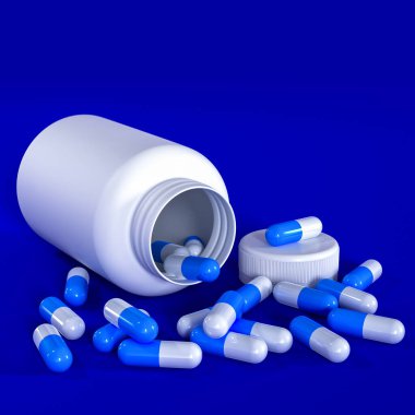 Tıbbi geçmiş, haplar, vitaminler, toptan besin takviyeleri, açık kavanoz, üst görünüm, 3D görüntüleme.