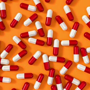 Tıbbi arka plan, iki tonluk probiyotik, vitamin, ilaç, üst görünüm, kırmızı-sarı tonlar, kapsüllerde bitkisel takviye, jelatin kabuklu vitaminler, tabletler, 3D görüntüleme.