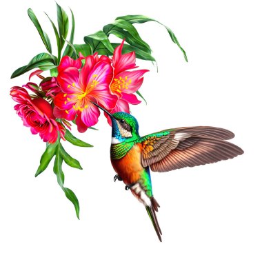 Sinekkuşu, tropik kırmızı çiçeklerin yanında uçuyor. Egzotik bitkiler, yapraklar, izole edilmiş.