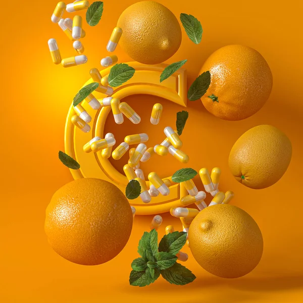 医学和科学概念 维生素C胶囊 柑橘自由落体 3D渲染 黄色背景 — 图库照片