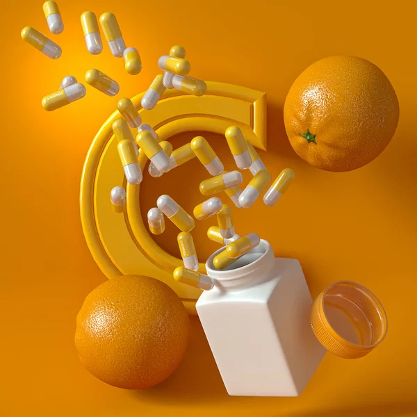 Медицинские Научные Концепции Капсула Витамина Левитация Свободное Падение Цитрусовых Апельсинов — стоковое фото