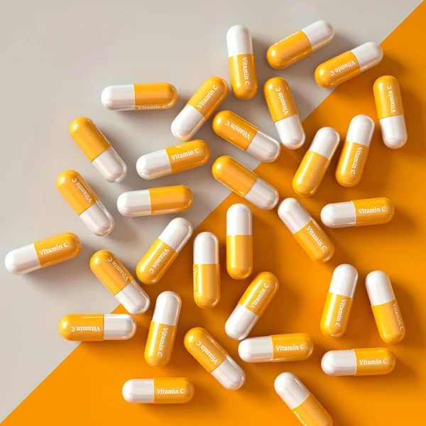 Medical and scientific concepts, vitamin C capsule, orange, open bottle packaging, top view, yellow background, 3d rendering