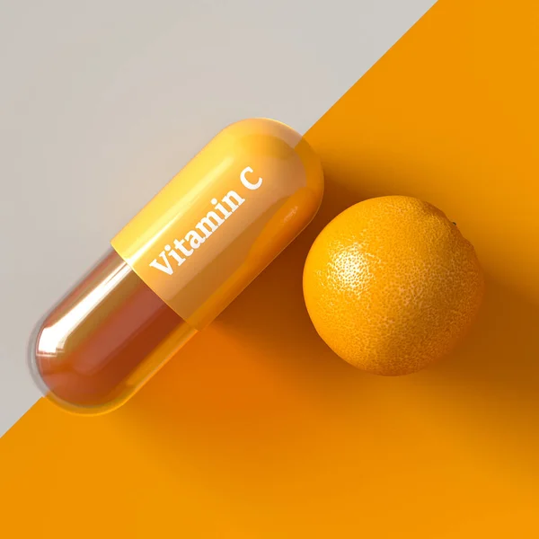 Orvosi Tudományos Fogalmak Vitamin Kapszula Narancs Felső Nézet Sárga Háttér — Stock Fotó