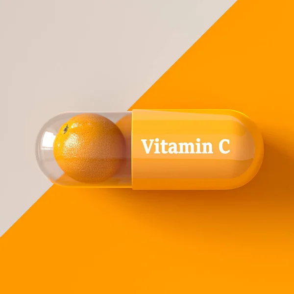 Medische Wetenschappelijke Concepten Vitamine Capsule Oranje Bovenaanzicht Gele Achtergrond Weergave — Stockfoto