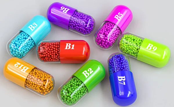 医学背景 维生素B组 B12 多色胶囊 3D渲染 顶视图 — 图库照片