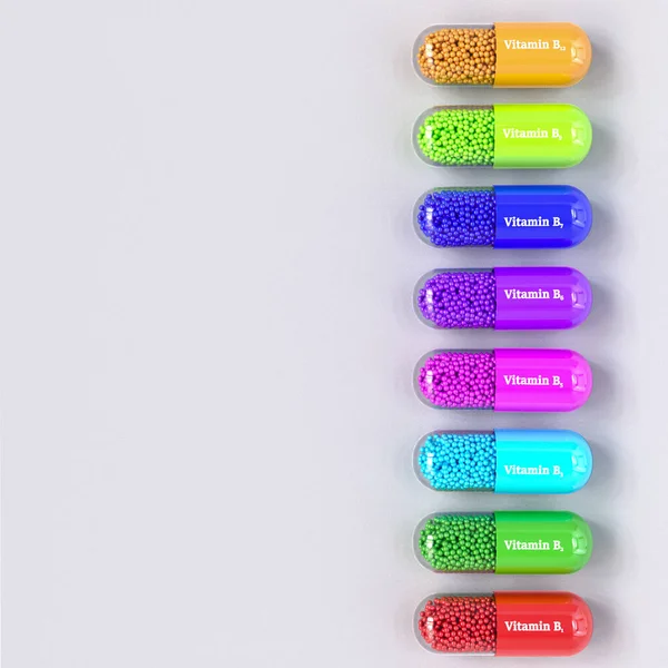 Medizinischer Hintergrund Vitamingruppe B12 Mehrfarbige Kapseln Rendering Draufsicht — Stockfoto