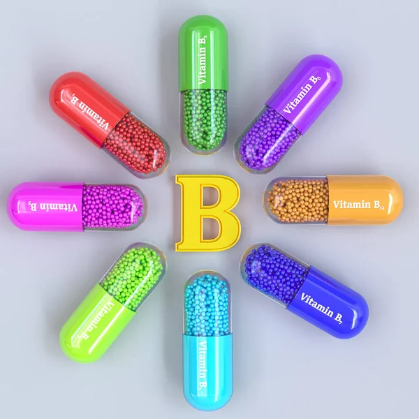 Medizinischer Hintergrund Vitamingruppe B12 Mehrfarbige Kapseln Rendering Draufsicht — Stockfoto