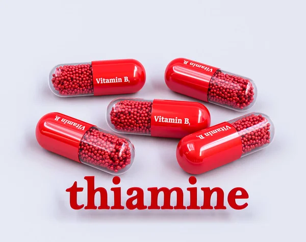 Antecedentes Médicos Grupo Vitamina Cápsula Roja Tiamina Volumen Texto Representación —  Fotos de Stock