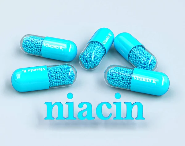 Antecedentes Médicos Grupo Vitamina Una Cápsula Azul Niacina Texto Volumen —  Fotos de Stock