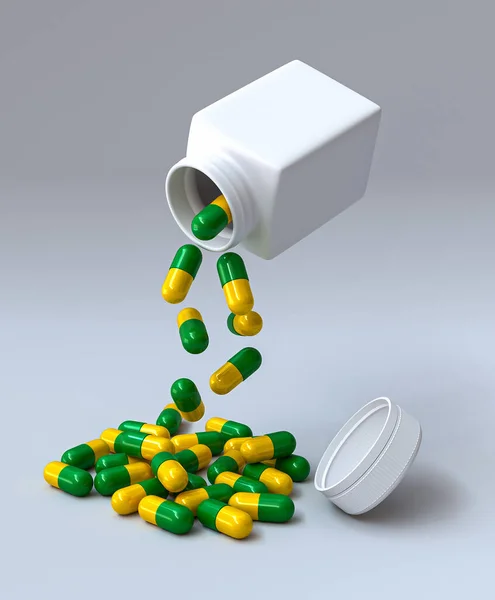 Medizinischer Hintergrund Kapseln Mit Pillen Vitaminen Nahrungsergänzungsmitteln Fallen Aus Einem — Stockfoto