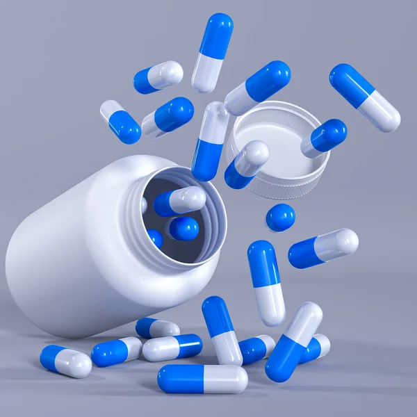 Fond Médical Capsules Pilules Vitamines Suppléments Nutritionnels Tombent Pot Ouvert — Photo