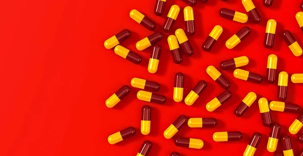 Medical background, two-tone capsules of probiotics, vitamins, medicines in bulk, top view, red-yellow tones, herbal supplement in capsules, vitamins in gelatin shell, tablets, 3d rendering