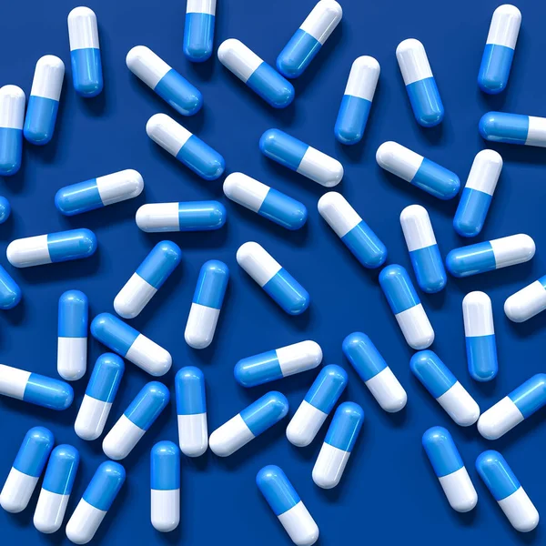 医療背景 プロバイオティクス ビタミン 大量の薬 トップビュー ブルートーン カプセルのハーブサプリメント ゼラチンシェル タブレット 3Dレンダリングのビタミン — ストック写真