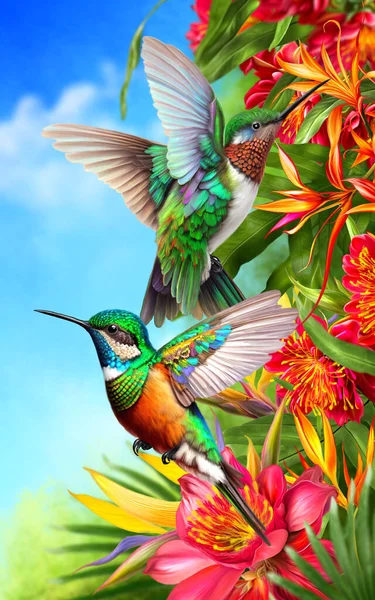 Колибри Летают Рядом Тропическими Красными Красивыми Цветами Экзотическими Растениями Листьями — стоковое фото