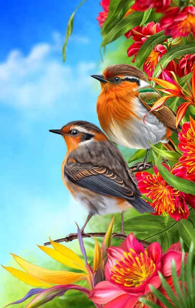 Two Little Robin Birds Sit Branch Blooming Red Beautiful Flowers — Stock Photo, Image