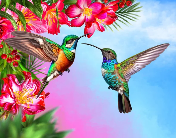Hummingbird bird flying near tropical red beautiful flowers, exotic plants, leaves