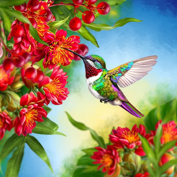 Hummingbird Bird Flying Tropical Red Beautiful Flowers Exotic Plants Leaves — Stock Photo, Image