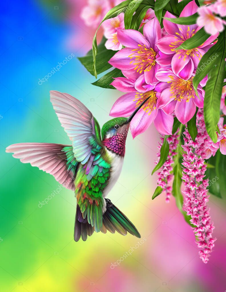 Colibrí Volando Cerca Flores Rojas Tropicales Hermosas Plantas Exóticas  Hojas — Foto de stock © sokolova_ #673711140, image size:792x1024