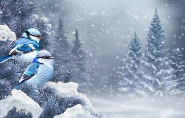New Year, Christmas holiday winter background, two blue tit birds sitting on a snow-covered spruce branch, winter pine forest, 3D rendering, no AI