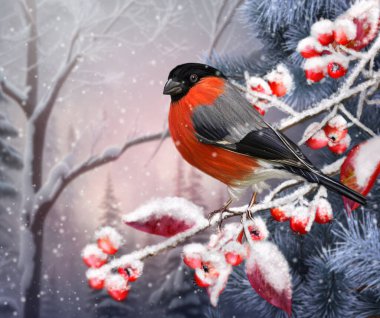 Noel, yeni yıl tatili arka planında, iki parlak kuş, karla kaplı kırmızı böğürtlen dalına oturur, çam ormanı, köknar ağaçları, kar fırtınası, akşam aydınlatması, 3D görüntüleme