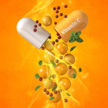 Tıbbi ve bilimsel kavramlar, C vitamini kapsülünde uçmak, portakal, limon, turunçgil, turunçgil, sarı arka plan, 3D rendelendirme